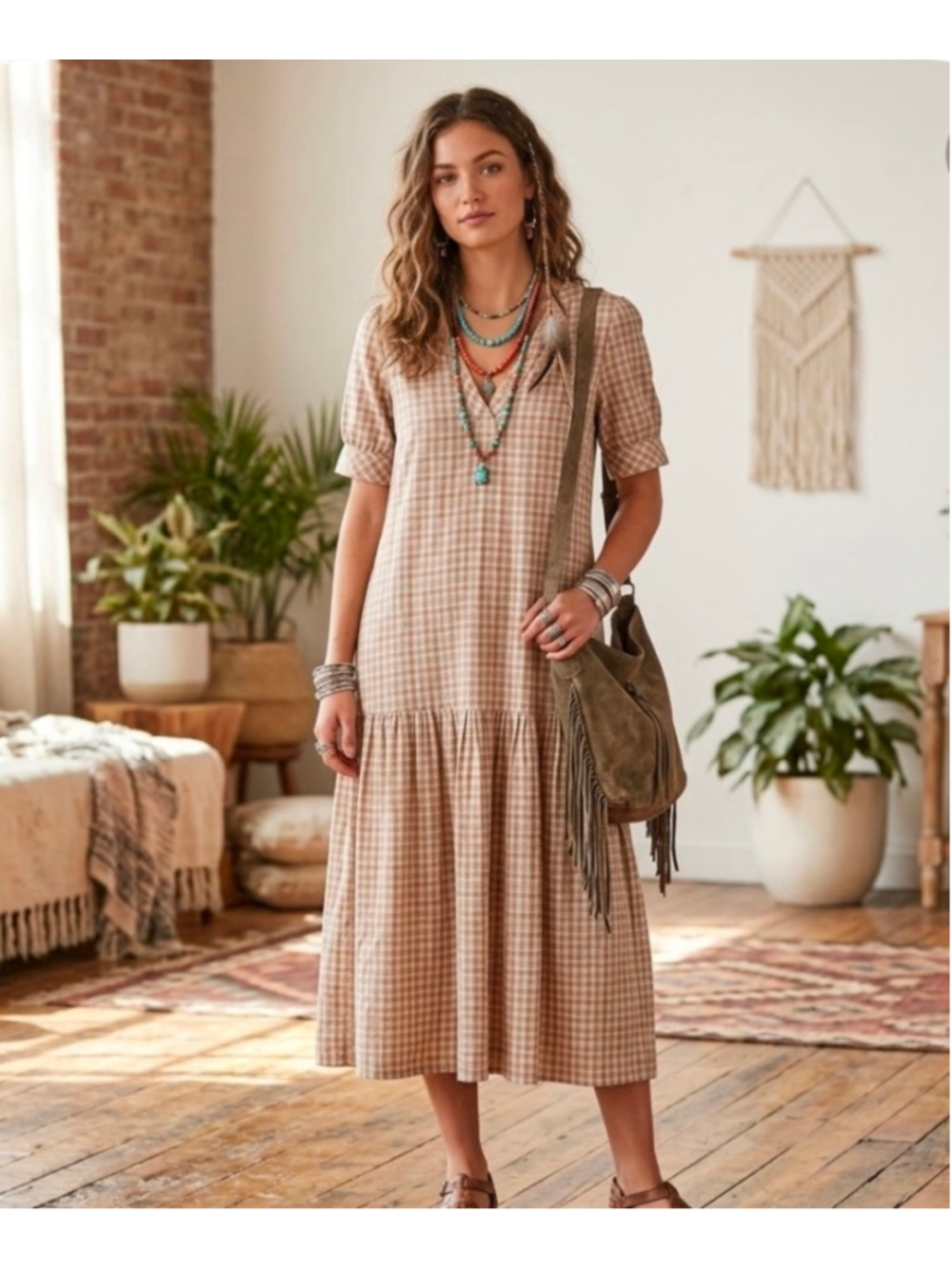 The Westside Plaid Midi Dress XS Beige White